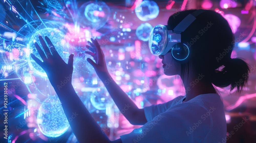 A person wearing virtual reality goggles interacts with glowing digital spheres, expressing curiosity and wonder. vibrant colors create futuristic atmosphere. A person wearing virtual reality goggles interacts with glowing digital spheres, expressing curiosity and wonder. vibrant colors create futuristic atmosphere.