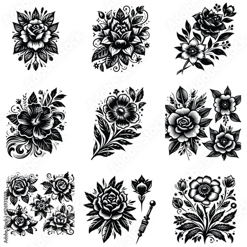 Flower tattoo silhouette stock illustration Bundle, in silhouette, tattoo lover vector graphic design, Flower tattoo face vector, Flower tattoo silhouette