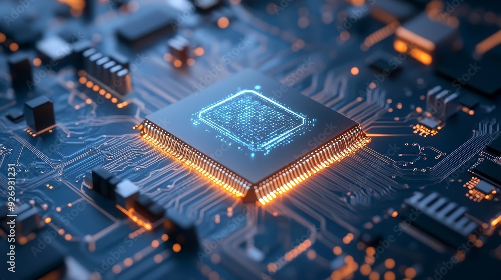 High-Tech Microchip on Circuit Board Closeup High-Tech Microchip on Circuit Board Closeup