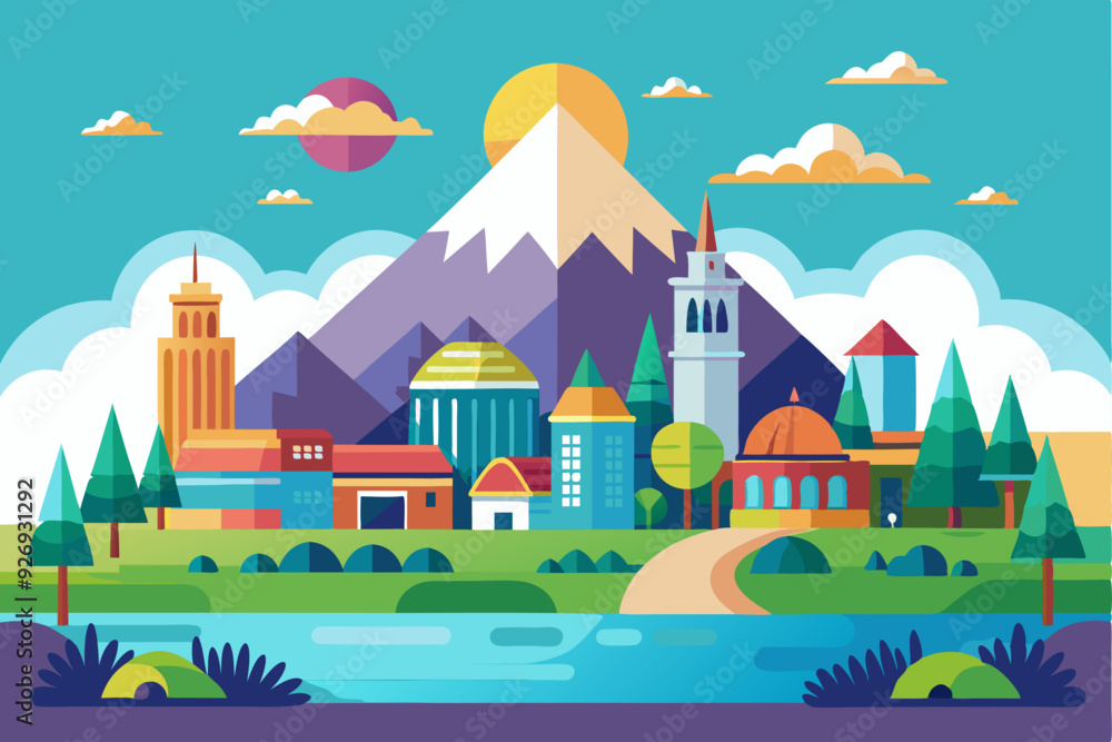 Colorful Cityscape with Mountain, River, and Sun Colorful Cityscape with Mountain, River, and Sun