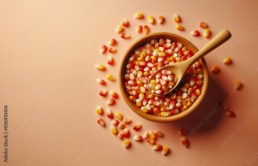 Corn Seeds in a Wooden Bowl with Wood Spoon. Red and yellow Corn Kernels Background. Corn Seeds in a Wooden Bowl with Wood Spoon. Red and yellow Corn Kernels Background.
