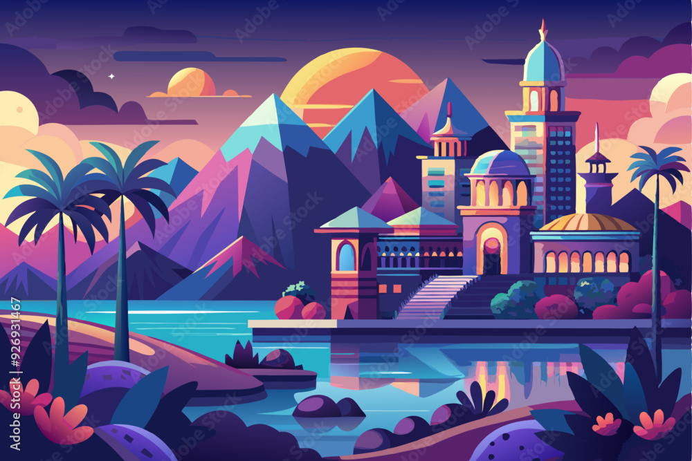 Fototapeta premium Cityscape with Domed Buildings, Mountains, and Palm Trees