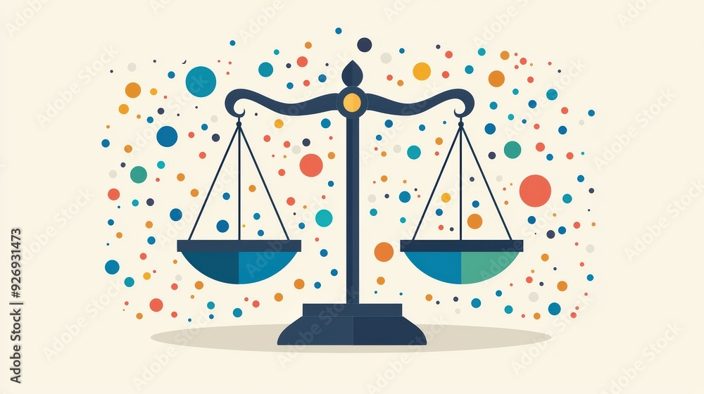 A balanced scale symbolizing justice and fairness, surrounded by colorful dots, conveying sense of harmony and equilibrium. A balanced scale symbolizing justice and fairness, surrounded by colorful dots, conveying sense of harmony and equilibrium.