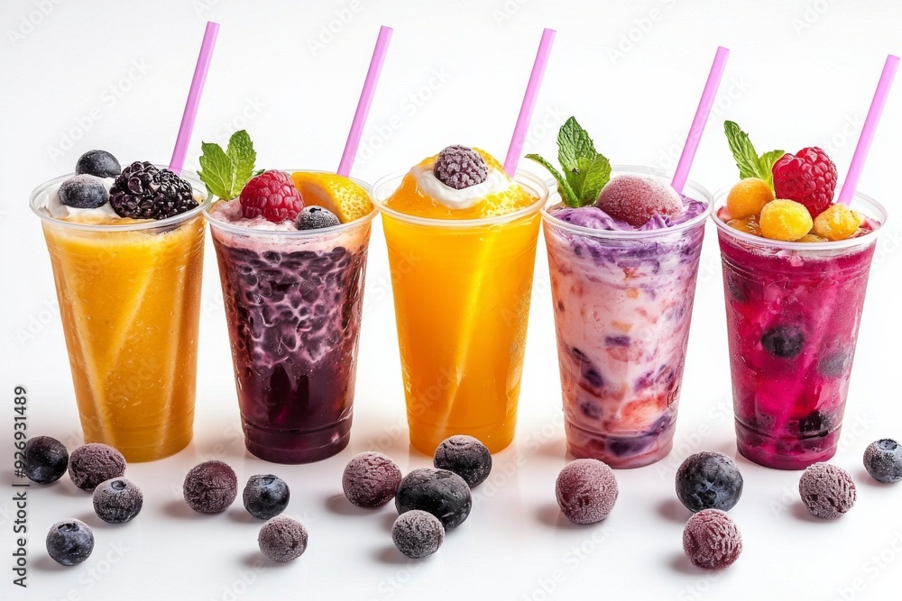 Juices and Floats in Plastic Cup on white background created with Generative AI Juices and Floats in Plastic Cup on white background created with Generative AI