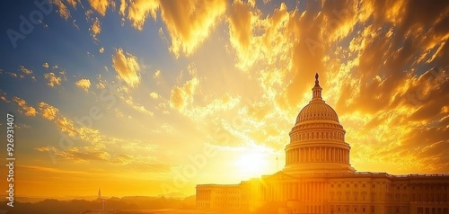 Golden Hour Glow A Low-Angle Perspective of the US Capitol Building Bathed in Warm Sunset Light, with Dramatic Clouds and a Silhouetted Skyline