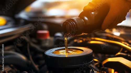Golden Stream Close-up of Engine Oil Filling, Sunlight Illuminates the Flow, Focus on the Stream and Filling Cap, Emphasizing the Importance of Regular Maintenance