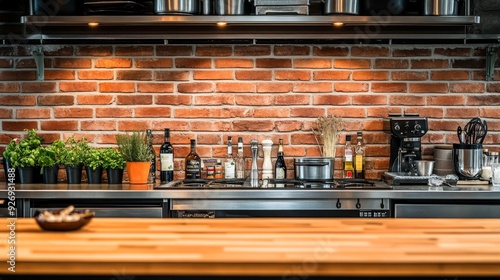 Industrial Kitchen Countertop Low Angle Perspective of Stainless Steel and Brick Wall with Wine, Herbs, Coffee Maker and Potted Plants