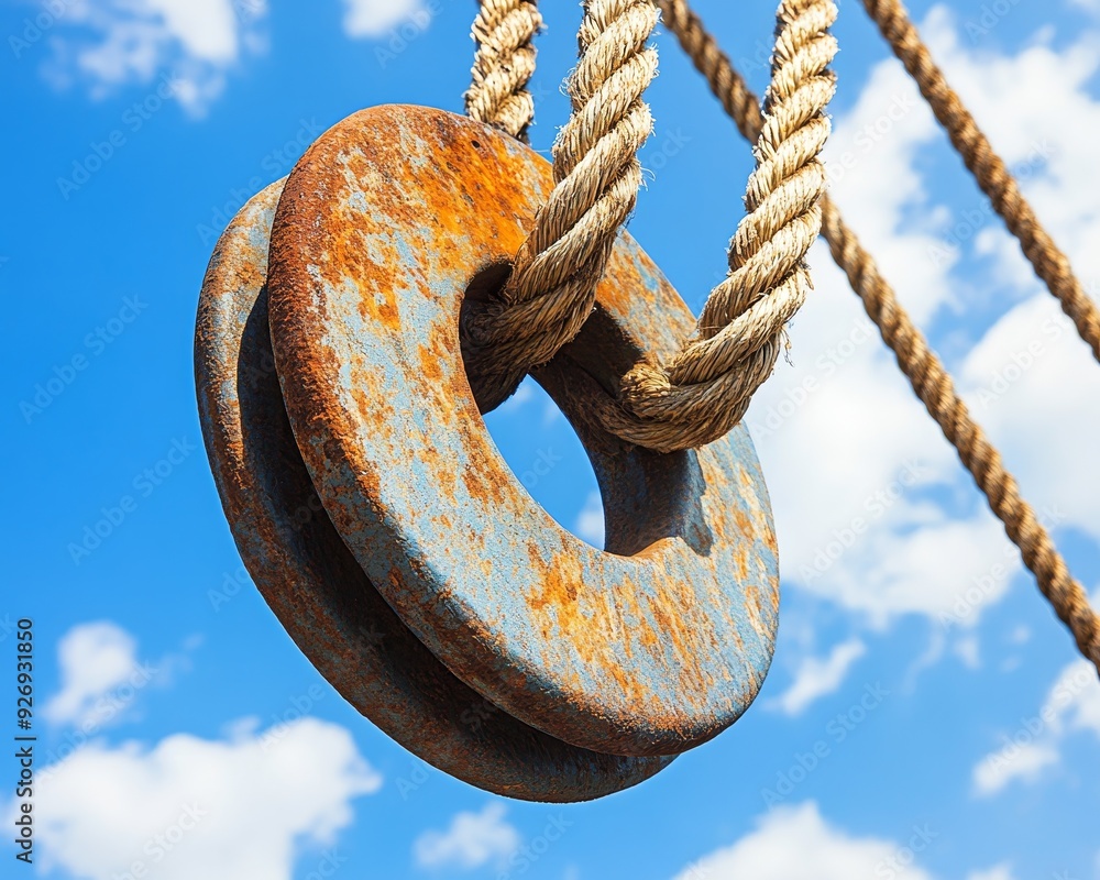 Rusty Pulley Against a Blue Sky with White Clouds, Close-Up Perspective, Capturing Rough Texture and Nautical Theme Rusty Pulley Against a Blue Sky with White Clouds, Close-Up Perspective, Capturing Rough Texture and Nautical Theme