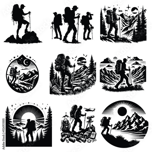 Hike man silhouette stock illustration Bundle, in silhouette, Adventure lover vector graphic design, Adventure Hike man vector, Hike silhouette