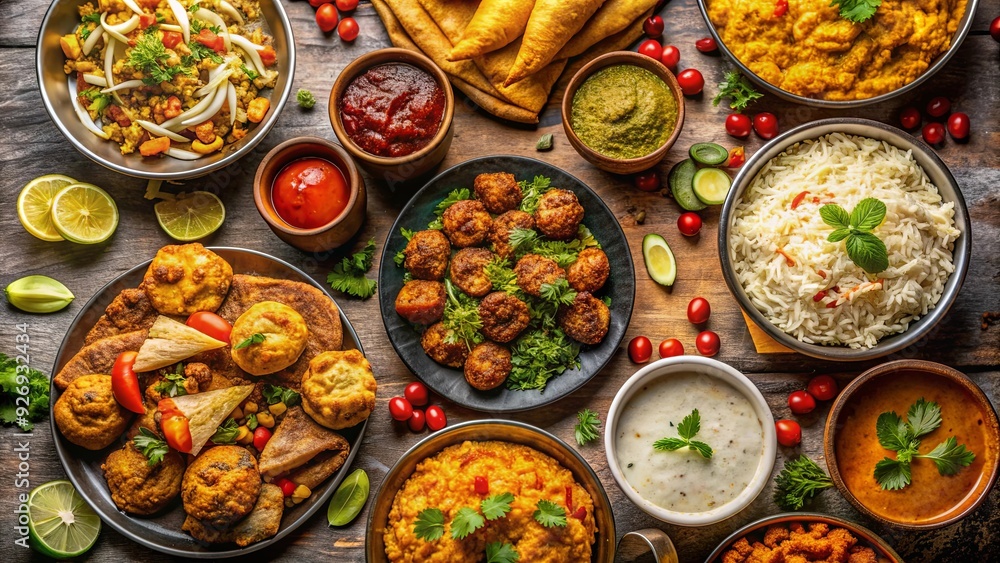 Top view of assortment of Pakistani fast food dishes , Pakistani, fast food, traditional, cuisine, spicy, flavorful Top view of assortment of Pakistani fast food dishes , Pakistani, fast food, traditional, cuisine, spicy, flavorful