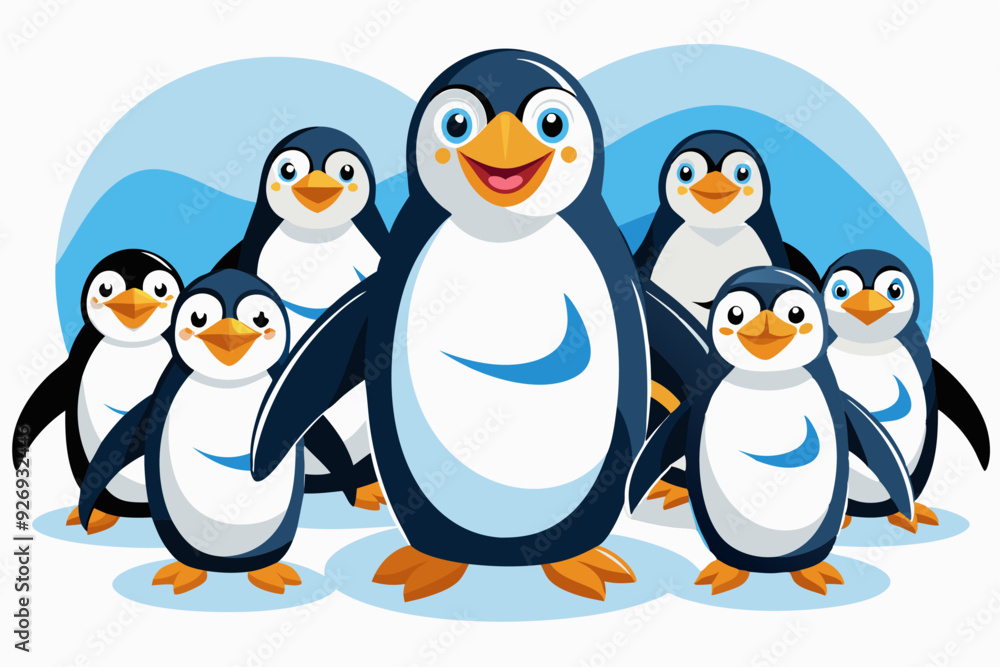 Obraz premium Group of Happy Cartoon Penguins Standing Together