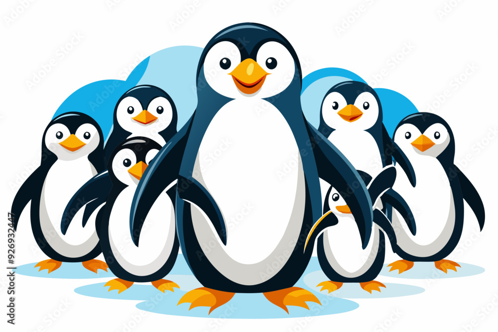 Naklejka premium A Group of Cartoon Penguins Standing on Ice