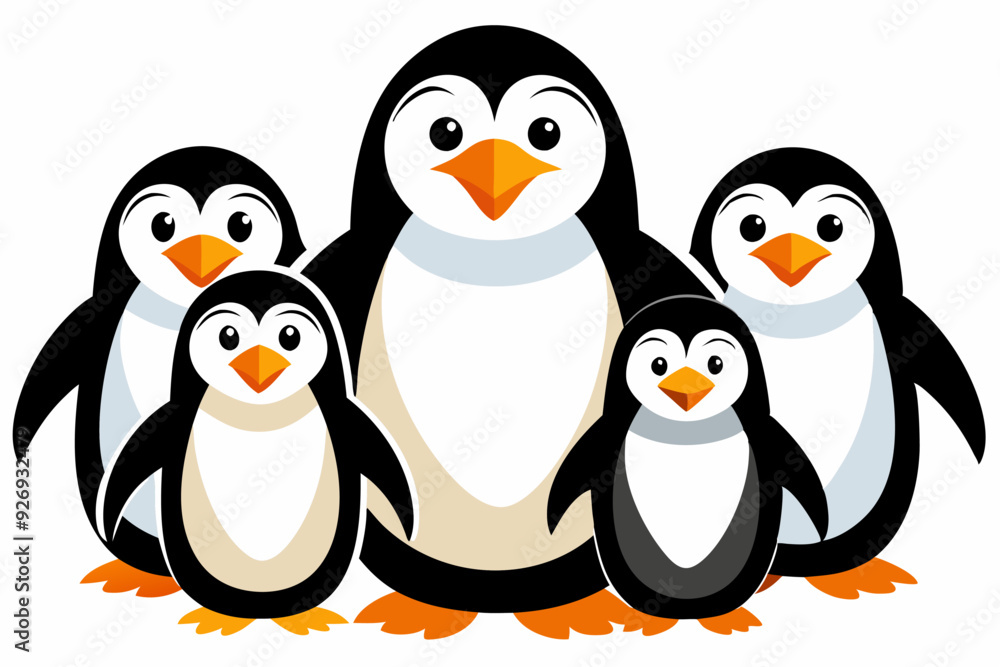 Naklejka premium Five Cartoon Penguins Standing Together in a Row