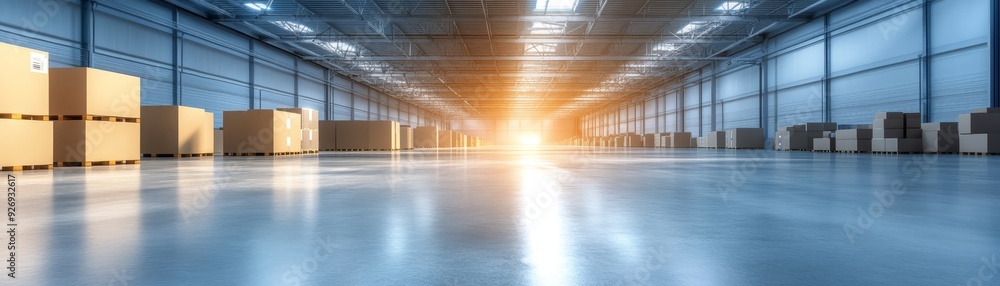 Large Warehouse with Stacked Cardboard Boxes Large Warehouse with Stacked Cardboard Boxes