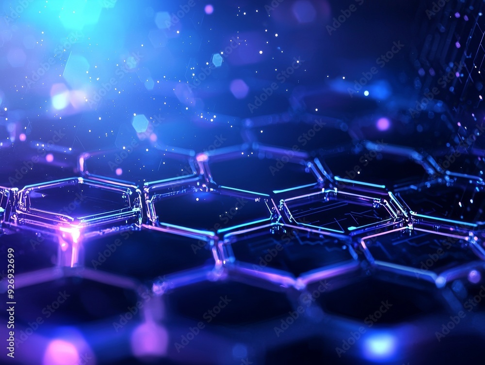 Obraz premium A dark blue abstract technology background with geometric shapes and bokeh blur. 