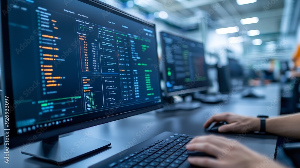 Software Developer Coding on Multiple Monitors Software Developer Coding on Multiple Monitors