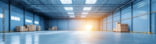 Large Empty Warehouse with Stacked Boxes