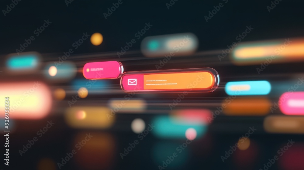 Futuristic floating email icons with motion blur in a dark digital environment, representing modern communication and technology.. Futuristic floating email icons with motion blur in a dark digital environment, representing modern communication and technology..