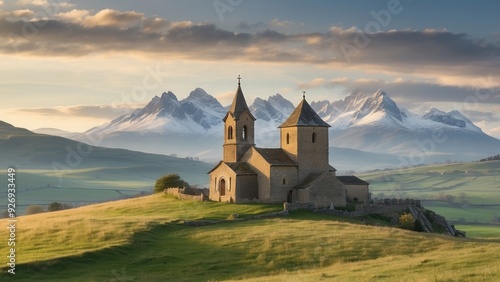 Ancient stone church on a hill, surrounded by rolling countryside and distant mountai