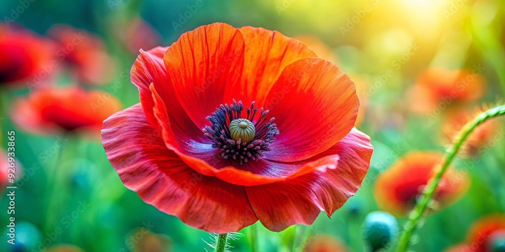 Obraz premium Vibrant red poppy flower close-up , Floral, petals, blooming, beauty, nature, close-up, beautiful, vibrant, red, garden, spring