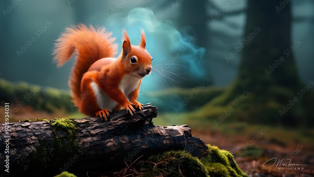 Red squirrel its fur a fiery halo perches Red squirrel its fur a fiery halo perches