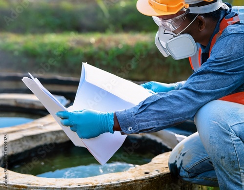 an environmental engineer wearing protective equipment carefully collects water samples. generative ai photo