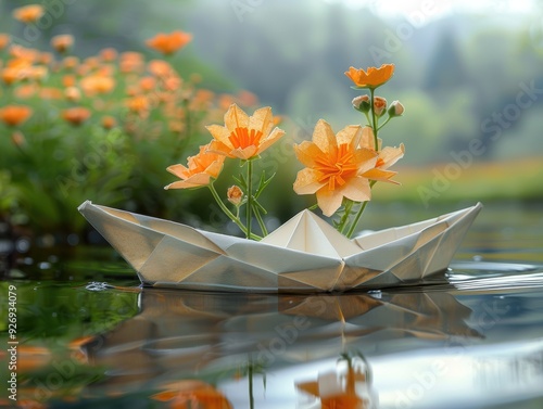 A small boat, crafted with delicate papercuts, floating on a calm river with a reflection of the flowers.  photo