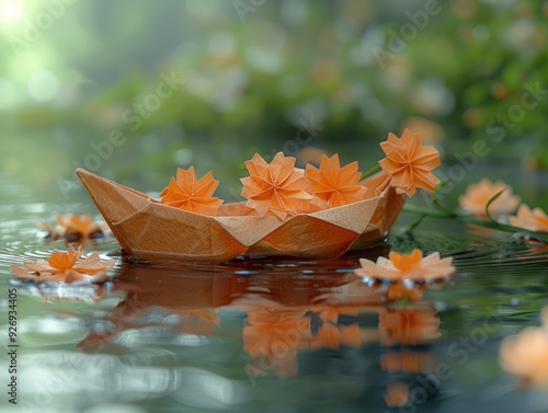 A small boat, crafted with delicate papercuts, floating on a calm river with a reflection of the flowers.  photo