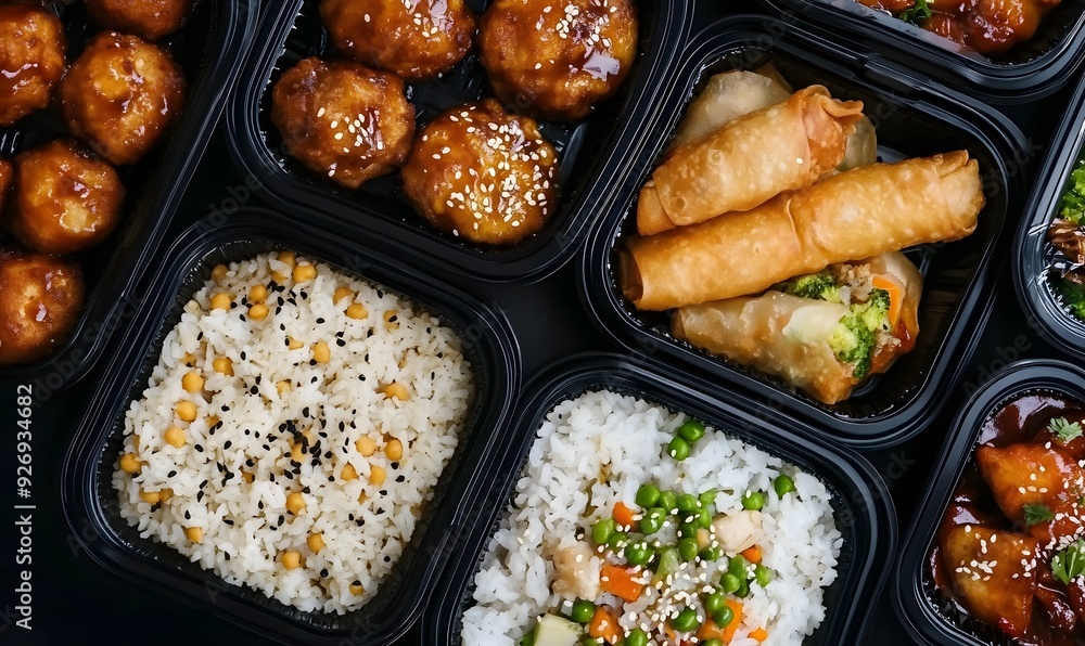A variety of takeout dishes in black plastic containers, Generative AI A variety of takeout dishes in black plastic containers, Generative AI