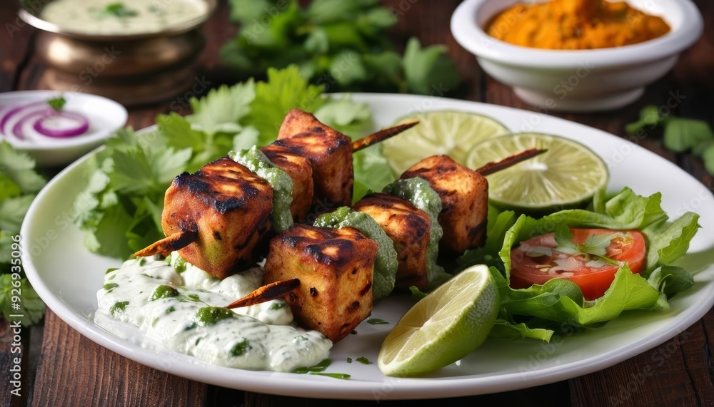 Delicious skewers with lime and sauce ready to be savored Delicious skewers with lime and sauce ready to be savored