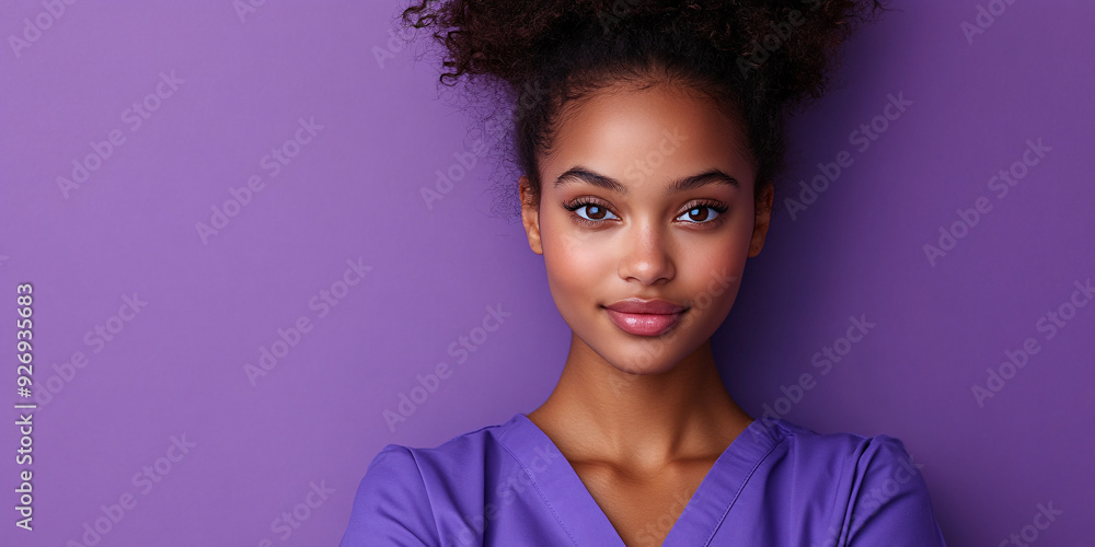 Stylish nurse in purple scrubs smiling at camera over purple background with copy space. Suitable for healthcare, medical, and fashion-related content.