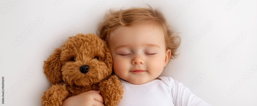 Newborn Baby Girl Hugging Her Dog Doll, Innocence And Comfort In Every Hug Newborn Baby Girl Hugging Her Dog Doll, Innocence And Comfort In Every Hug