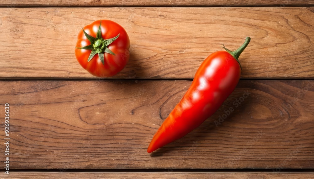 Freshly harvested red tomatoes and chili peppers on a wooden surface Freshly harvested red tomatoes and chili peppers on a wooden surface