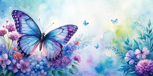 Fototapeta Naklejka Na Ścianę i Meble -  Beautiful watercolor of a blue and purple butterfly on flowers, watercolor,vibrant, colors, delicate, details, captivating, dreamy