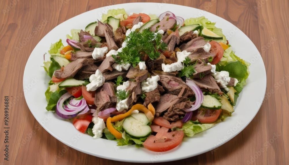 Deliciously fresh salad with beef and feta cheese Deliciously fresh salad with beef and feta cheese