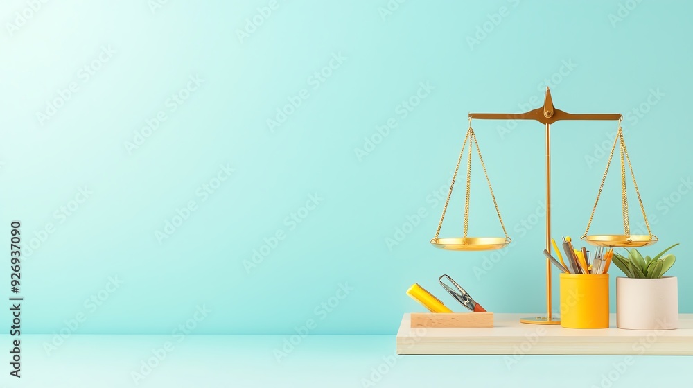 A modern desk setup featuring a balance scale, stationery, and plants against a teal background, symbolizing justice and equity. A modern desk setup featuring a balance scale, stationery, and plants against a teal background, symbolizing justice and equity.