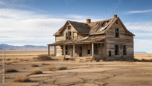 Abandoned farmhouse in a barren landscape, weathered wood and broken windows.