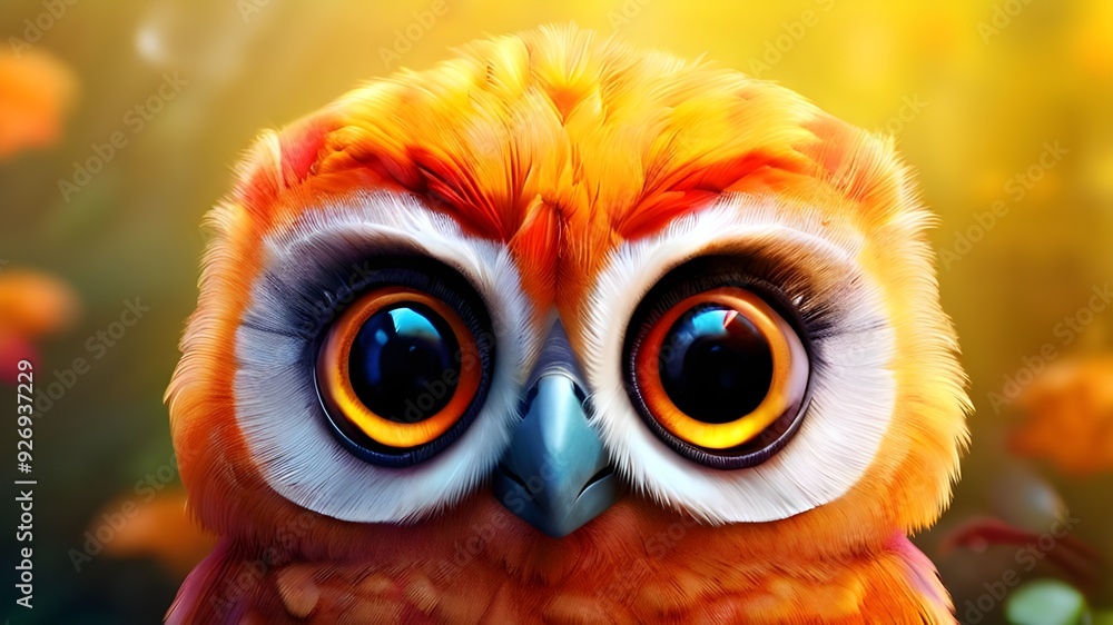 Orange fluffy owl with large expressive eyes, perched on a branch with a bright and cheerful digital background Orange fluffy owl with large expressive eyes, perched on a branch with a bright and cheerful digital background