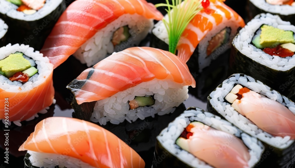 Deliciously crafted sushi rolls ready to be savored Deliciously crafted sushi rolls ready to be savored