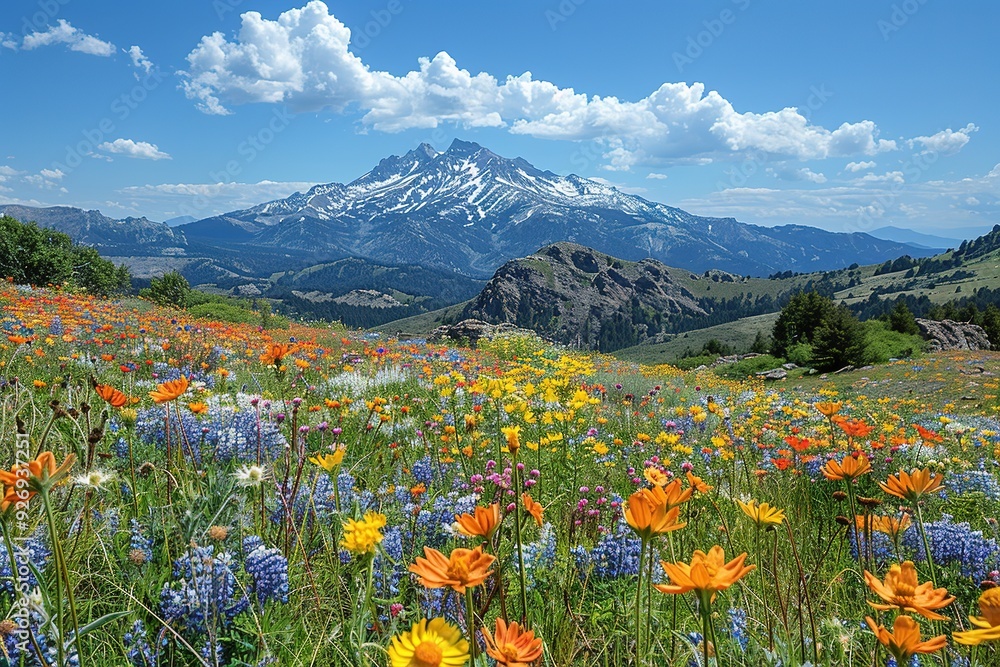 Fototapeta premium A beautiful field of flowers with a mountain in the background