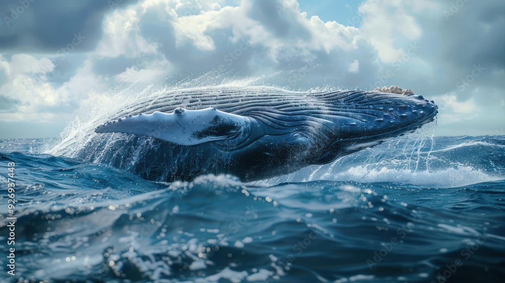 Fototapeta premium Underwater view of a whale diving towards the ocean floor, with water splashes and blue hues.