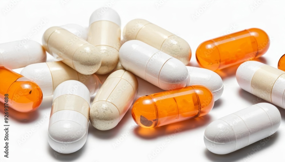 Various capsules and pills on a white background Various capsules and pills on a white background