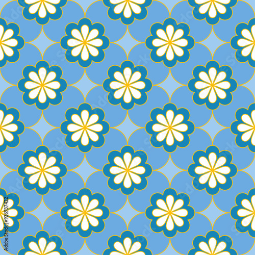 Seamless floral pattern in shades of blue and white with golden lines. Suitable for textile designs, fabrics, prints, wraps, wallpapers, backgrounds, etc.