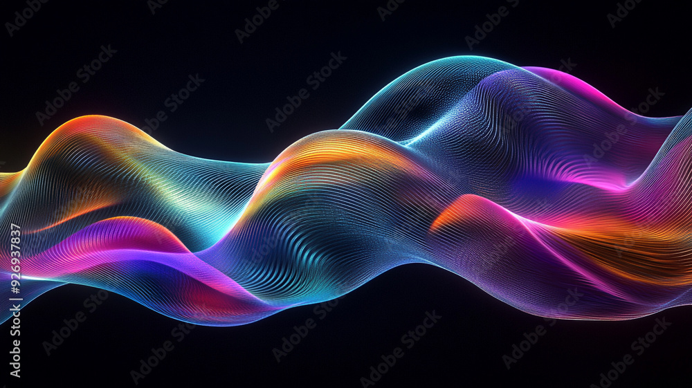 Fototapeta premium Iridescent Wavy Shape in Abstract Design, 3D Render on Dark Background 