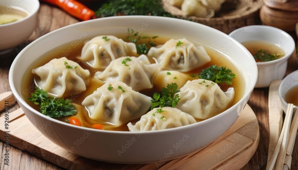 Delicious dumplings in a warm broth ready to be savored Delicious dumplings in a warm broth ready to be savored