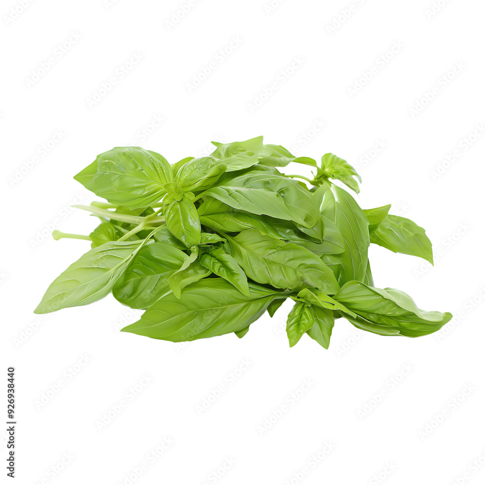 Close-up of a bunch of basil leaves on a transparent background, highlighting their rich texture and lively green hue. Close-up of a bunch of basil leaves on a transparent background, highlighting their rich texture and lively green hue.