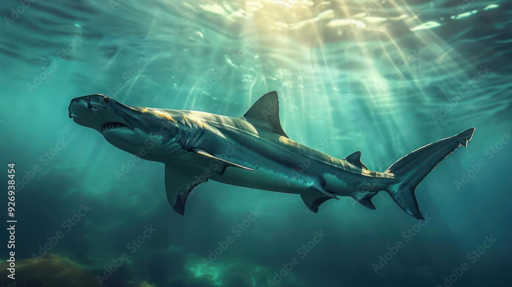 Obraz premium A large shark is swimming in open ocean water under a sunny sky.