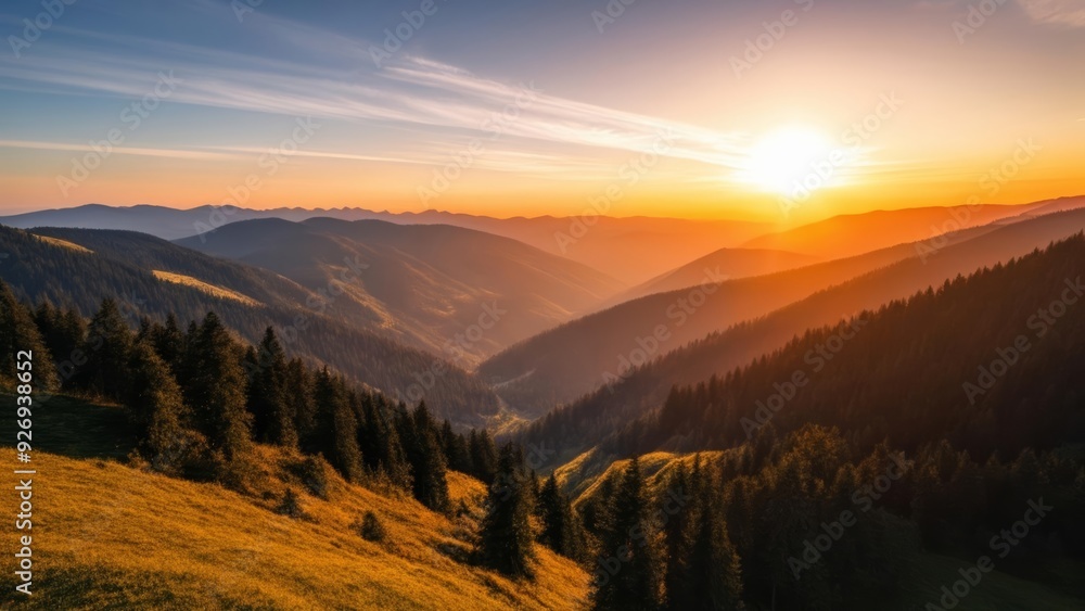 Sunset over majestic mountains and valleys Sunset over majestic mountains and valleys