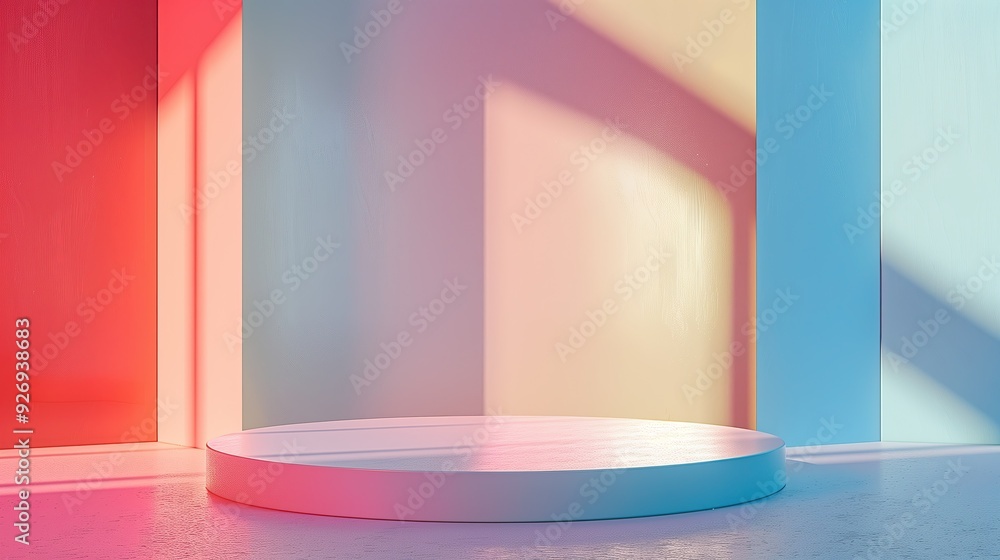 Blank multicolored round podium against a pink wall.Neon stand with highlights and shadows Minimalistic modern stand to present and advertise your products Blank multicolored round podium against a pink wall.Neon stand with highlights and shadows Minimalistic modern stand to present and advertise your products