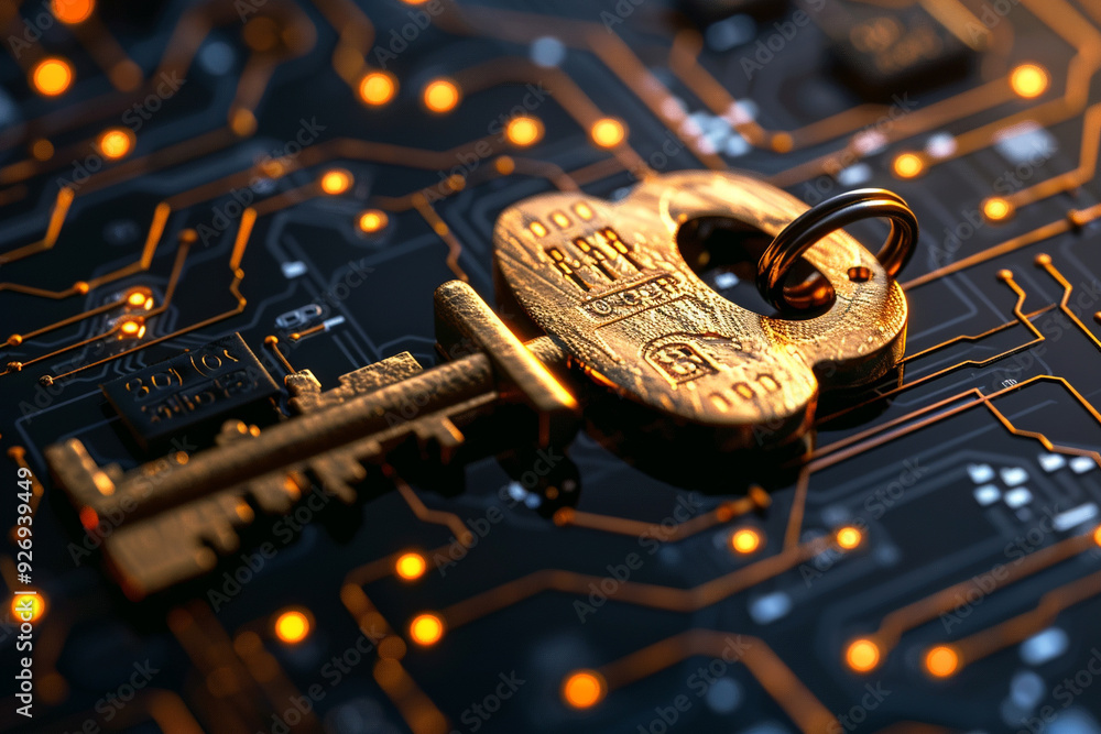 Golden Key on Circuit Board - Cybersecurity Concept Golden Key on Circuit Board - Cybersecurity Concept